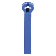 Blue nylon cable tie with embedded metal particles for detection by metal detectors and X-ray systems. Nominal length 14 in, maximum bundle diameter 3 1/2 in, width 0.27 in. Pack of 50. Not rated for outdoor use. Used in food processing, pharmaceutical, and other industries where contamination detection is critical.
