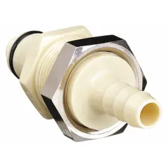 Straight polypropylene quick-disconnect tube fitting with barbed x barbed connections for 3/8 in ID tubing. Almond color. Used for secure coupling and uncoupling in low-pressure fluid or gas transfer applications.