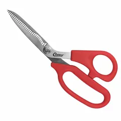 These offset plastic-handle scissors feature serrated, pointed stainless steel blades with an 8 in overall length. The red vinyl handles are designed for ambidextrous use, accommodating both left- and right-handed users. Suitable for cutting textiles, crafts, and light industrial materials.