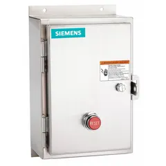 This enclosed non-reversing starter with electronic overload is NEMA Size 0, rated 18 A, with 3 poles and a 480V AC coil. It includes screw terminals, a pilot light, and two 1NO auxiliary contacts. Suitable for three-phase motor control applications requiring starting, stopping, and overload protection.