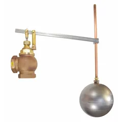 This float valve assembly automatically controls water levels in tanks, reservoirs, and cooling towers. It features a bronze angle valve body with FNPT connections, adjustable arm, and includes rod and float. Designed for horizontal piping, it delivers 175 gpm at 60 psi with a 1/4" NPT rod thread.