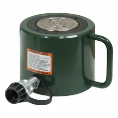 Single-acting low profile ram with 100 ton nominal capacity and 2 in nominal stroke length. Constructed from steel. Designed for confined-space lifting and pressing applications where vertical clearance is limited.