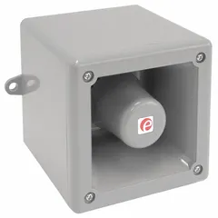 This telephone initiated alarm sounder is constructed of gray plastic with stainless steel hardware. It is water resistant and designed for use with telephones in industrial communication systems to provide audible alerts.