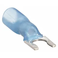 Blue insulated locking fork terminal with heat shrink, part of the TH Series. Features a strain relief barrel and accepts 16 AWG to 14 AWG wire for #6 stud connections. Used for secure electrical terminations in control panels, machinery, and power distribution.