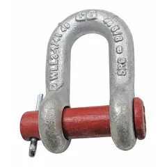 This CROSBY anchor shackle is made of carbon steel with a silver finish, featuring a 1 3/8 in body thickness and a working load limit of 27,000 lb. It is used in rigging and lifting applications to connect chains, slings, or cables to loads.