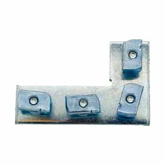 This steel flat fitting corner plate has four holes with a 9/16 in diameter. It is used in strut channel assemblies to provide a rigid connection point for structural support applications such as industrial framing, cable tray, and pipe support systems.