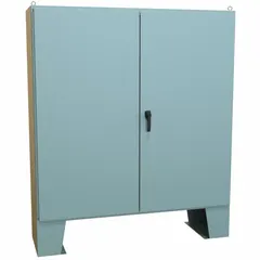 This HAMMOND steel enclosure measures 72 x 72 x 21 inches and is rated NEMA 12 for protection against dust, dirt, and non-corrosive liquids. It features a solid hinged cover with a handle closure and includes a panel. Knockouts are not provided. Typical applications include housing electrical controls and instruments in industrial environments such as manufacturing plants and processing facilities.