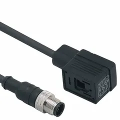 This cordset connects a DIN Form B Industrial solenoid connector to an M12 male straight interface. It features 5 pins, a 1 m black PUR cable with 5.00 mm wire size, and an IP67 rating for environmental protection. Suitable for sensor-actuator wiring and control systems requiring reliable signal and power transmission.