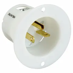 This general purpose inlet is rated 250V AC and 20A, with 2 poles and 3 blades (NEMA 6-20P). It is designed for industrial power connections requiring a straight-blade interface. The white housing provides a durable enclosure for electrical equipment.