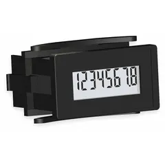 Digital hour meter with rectangular bezel for front panel mounting. Displays elapsed time in tenth-hour increments on an LCD screen. Rated NEMA 4 for washdown or outdoor environments and UL listed. Operates on 12/4 power. Commonly used to track runtime on industrial machinery, generators, and pumps for maintenance scheduling.