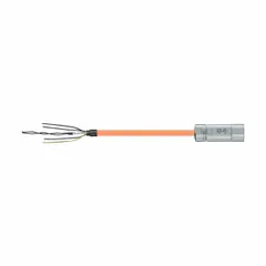 This servo hybrid cable cordset is designed for use with Allen-Bradley-style servo drive systems. It features a 100 ft length with an orange PVC jacket. The conductor configuration is (4xAWG17)+(2xAWG18)+(1PRxAWG22), suitable for power and signal transmission in industrial automation and motion control applications.