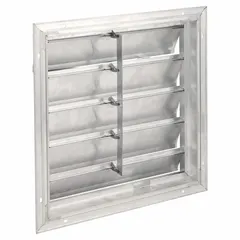 This wall-mount backdraft damper features extruded aluminum flat blades and is designed for vertical mounting with horizontal airflow. It prevents reverse airflow in ventilation systems when the fan is off. Suitable for use with a 20-inch fan, it supports a maximum air velocity of 3250 fpm. Dimensions: 23 in H x 23 in W x 3 in D.