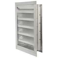 Combination damper and louver with drainable extruded aluminum blades and flanged frame. Designed for air control and weather protection in HVAC intake or exhaust applications. Frame opening is 59 1/2 in H x 59 1/2 in W. Blade angle is 45°, maximum air velocity is 3000 fpm.