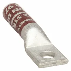 Copper one-hole compression lug for terminating 2 AWG stranded copper wire to a 1/4 in stud. Long barrel design for secure connections in electrical power distribution, control panels, and equipment terminations.