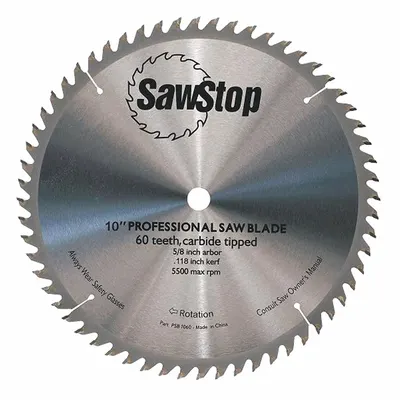 SAWSTOP Circular Saw Blade: 10 in Blade Dia., 60 Teeth, 0.13 in Cut Wd, 5/8 in Arbor Size - Wood-Cutting Blades