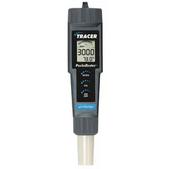 Pocket multiparameter tester for measuring Total Dissolved Solids and pH (range 0.00 to 14.00). Kit includes sample cup with cap, tablet crusher, buffer tablets (pH 4.0, 7.0, 10.0), and conductivity standard (12,880 µS). Suitable for water quality testing in field or laboratory settings.