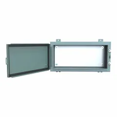 This steel enclosure is rated NEMA 12/13 for protection against dust, dirt, and dripping non-corrosive liquids. It measures 12 x 24 x 6 inches and includes a solid hinged cover secured by clamps, plus a mounting panel. No knockouts are provided. Typical applications include housing electrical controls and instruments in industrial environments.