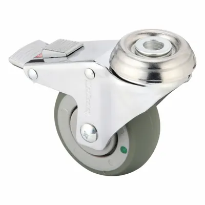 MEDCASTER Bolt-Hole Caster: Swivel, Side Brake, Rubber, 3 in Wheel Dia., 1 1/4 in Wheel Wd - Antimicrobial Debris-Resistant Bolt-Hole Casters