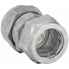 Zinc compression coupling for connecting two lengths of 1/2 in EMT conduit. Plain finish with gray paint. Overall length 1-11/16 in. CSA Certified. Suitable for electrical raceway systems in commercial and industrial wiring.