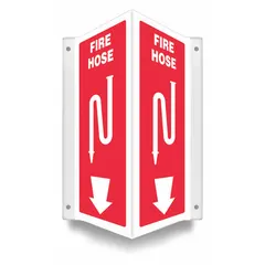 PETG sign with V-shape projection for marking fire hose locations. Nominal size 12 in x 7 1/2 in, 0.06 in thick. Features mounting holes for secure attachment to walls or posts. Not retroreflective and does not glow in the dark.