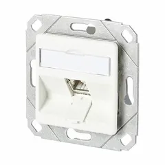 Wall outlet for structured cabling termination in commercial environments. Zinc die-cast housing with white finish. Features IDC connection and RJ45 interface. Designed for 180° mounting angle using UPK mounting system.