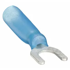 Heat-shrink insulated fork terminal for #10 stud size, accepting 16 AWG to 14 AWG wire. Standard fork shape. The heat-shrink sleeve provides insulation and seals against moisture and vibration. Suitable for electrical panel, motor control, and industrial machinery connections.