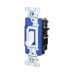 Single-pole, maintained toggle wall switch rated 15 A at 120/277V AC. Non-illuminated, white finish. Used for on/off control of lighting and other loads in branch circuits.