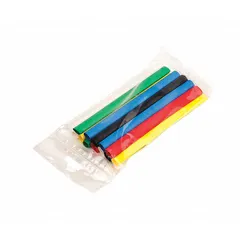 This heat shrink tubing kit contains 28 pieces of yellow polyolefin tubing, each with a 1/8 in inner diameter before shrinking and a 2:1 shrink ratio. The tubing is 6 in long and designed for use with 22 AWG to 24 AWG wire. It provides electrical insulation and strain relief for wire connections in maintenance, repair, and assembly applications.