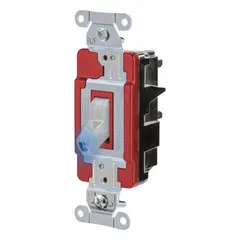 This HUBBELL toggle wall switch is a 3-way, maintained switch rated for 120/277V AC and 20A. It features an illuminated clear toggle for visual status indication. Suitable for controlling lighting or equipment from two locations in industrial and commercial facilities.