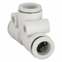 Polybutylene terephthalate push-fit tee fitting with three 8 mm OD ports. White. Used to create branch-line connections in pneumatic systems, enabling tool-free installation for splitting or combining air lines