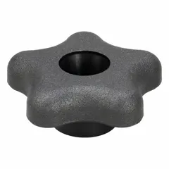 This 5-arm knob features a plastic body with a steel thread insert for corrosion resistance. The threaded through-hole accepts 1/4"-20 fasteners. Used for manual adjustment, clamping, and positioning on machinery, fixtures, and control panels.