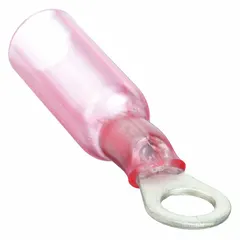 Heat-shrink-insulated ring terminal for #6 stud size, rated 600 V. Accepts 22 AWG to 18 AWG wire. The heat shrink sleeve provides insulation and environmental protection for the crimp connection. Suitable for electrical wiring applications requiring a secure, insulated termination.