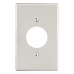 This HUBBELL wall plate is a standard-size, 1-gang cover with a single circular opening, molded from polycarbonate in an almond finish. It is used to enclose and protect electrical outlets, switches, or jacks in residential, commercial, and industrial installations.