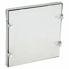 This flat access door is designed for rectangular HVAC ductwork, providing a sealed entry point for inspection, cleaning, and maintenance. Constructed from 24 ga steel with a double-cam latch and tab-in hinge, it allows tool-free operation. The door includes fiberglass insulation and is rated for a maximum temperature of 175°F.