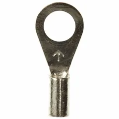 Non-insulated ring terminal for #10 stud size, accepting 22 AWG to 18 AWG wire. Features a brazed barrel and seam for mechanical strength, rated for 1000 V. Suitable for power distribution, control panels, and machinery where a secure, high-vibration connection is required.