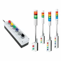 Three-tier tower light assembly for visual status indication in industrial environments. Features red, amber, and green light tiers. Operates at 24V DC. User-operated with no sounder tier.