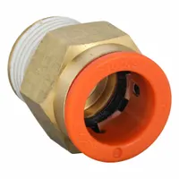Brass push-to-connect adapter fitting with a 3/8" BSPT male thread. Connects 1/2" OD tubing to threaded ports without tools for quick, leak-free assembly in pneumatic systems