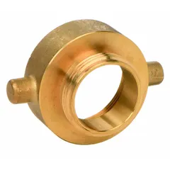 This brass rigid adapter connects fire hoses with NH threads to standpipes or hydrants with NPSH threads. Straight configuration for inline transitions between 2 in and 1-1/2 in pipe sizes. Suitable for fire protection systems and municipal hydrant connections.
