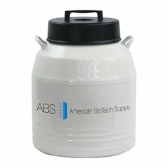 Aluminum cryogenic box rack storage unit with 61 L capacity, 22 in diameter, and 27 1/4 in height. Includes hanging racks and a lid lock for secure containment. Used for organizing and storing biological samples, vials, or other lab materials in liquid nitrogen or ultra-low temperature environments.