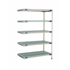 This stationary shelving unit features a 304 stainless steel frame and five polymer shelves with antimicrobial resistance properties. Overall height is 74 inches. Suitable for hygienic storage in harsh environments such as food processing, healthcare, and laboratories.