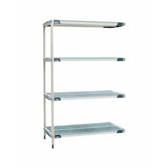 This stationary shelving unit features a 304 stainless steel frame and shelves with antimicrobial resistance properties. It includes four shelves and has an overall height of 62 inches. Suitable for use in environments requiring corrosion resistance and microbial control, such as cleanrooms and food processing areas.