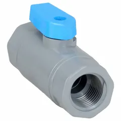 This 3/8 in PVC ball valve features a straight, full port design with FNPT female threaded ends on both sides. It is used for on/off flow control in water, chemical, or air systems where corrosion resistance is required.