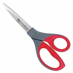 Straight, pointed scissors with titanium-bonded coating in gray. Overall length 8 inches. Plastic handles. Suitable for cutting fabric, textiles, and light materials in sewing and tailoring applications.