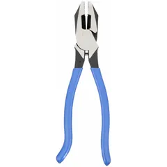 Multipurpose ironworker's pliers with a flat jaw design and integrated screw cutter. Overall length 9 3/8 in, jaw length 1 5/8 in, jaw width 1 1/4 in, jaw thickness 5/8 in. Dipped handle for grip. Used for gripping, bending, and cutting wire or screws in construction and metal fabrication tasks.
