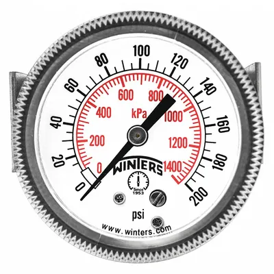 WINTERS Panel-Mount Pressure Gauge: U-Clamp, 0 psi to 200 psi, 2 in Dial, 1/4 in NPT Male - U-Clamp Panel-Mount with Brass/Bronze Wetted Parts