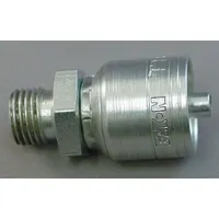 This AEROQUIP straight hydraulic crimp fitting connects metric-threaded ports to -6 dash size hose via a permanent crimp. It features a steel body with M18-1.5 male thread on one end and a genderless crimp connection on the other. Typical applications include fluid power transmission in industrial hydraulic systems
