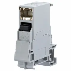 This rail-mount RJ45 connector module is designed for power applications in industrial control panels and data networks. It features 8 poles, a 90° angled female connector, and insulation displacement connection for cable mounting. The zinc die-cast housing provides robust construction, and the module supports Cat6 performance for reliable signal transmission.