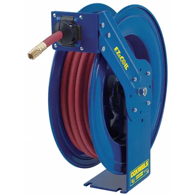 COXREELS Spring Return Hose Reel: 75 ft (3/8 in I.D.), 3/8 in MNPT, 300 psi Max Op Pressure - Controlled-Retraction Air or Water Spring-Return Hose Reels