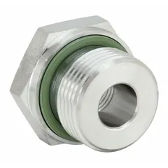Straight threaded pipe fitting made from 316 stainless steel. Size 1 1/2 in x 1/2 in with a pressure rating of 5,802 psi. Used for connecting pipes in high-pressure hydraulic and pneumatic systems.