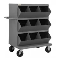 Mobile stacking bin unit with 9 compartments in gray. Designed for organizing and storing parts, tools, or supplies in industrial facilities. Mobile design facilitates transport between workstations, assembly lines, or maintenance areas